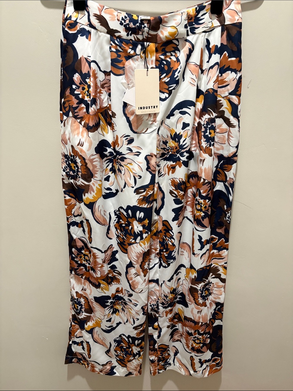 Industry Floral Silk Print Wide Leg Pants in White, Navy & Brown